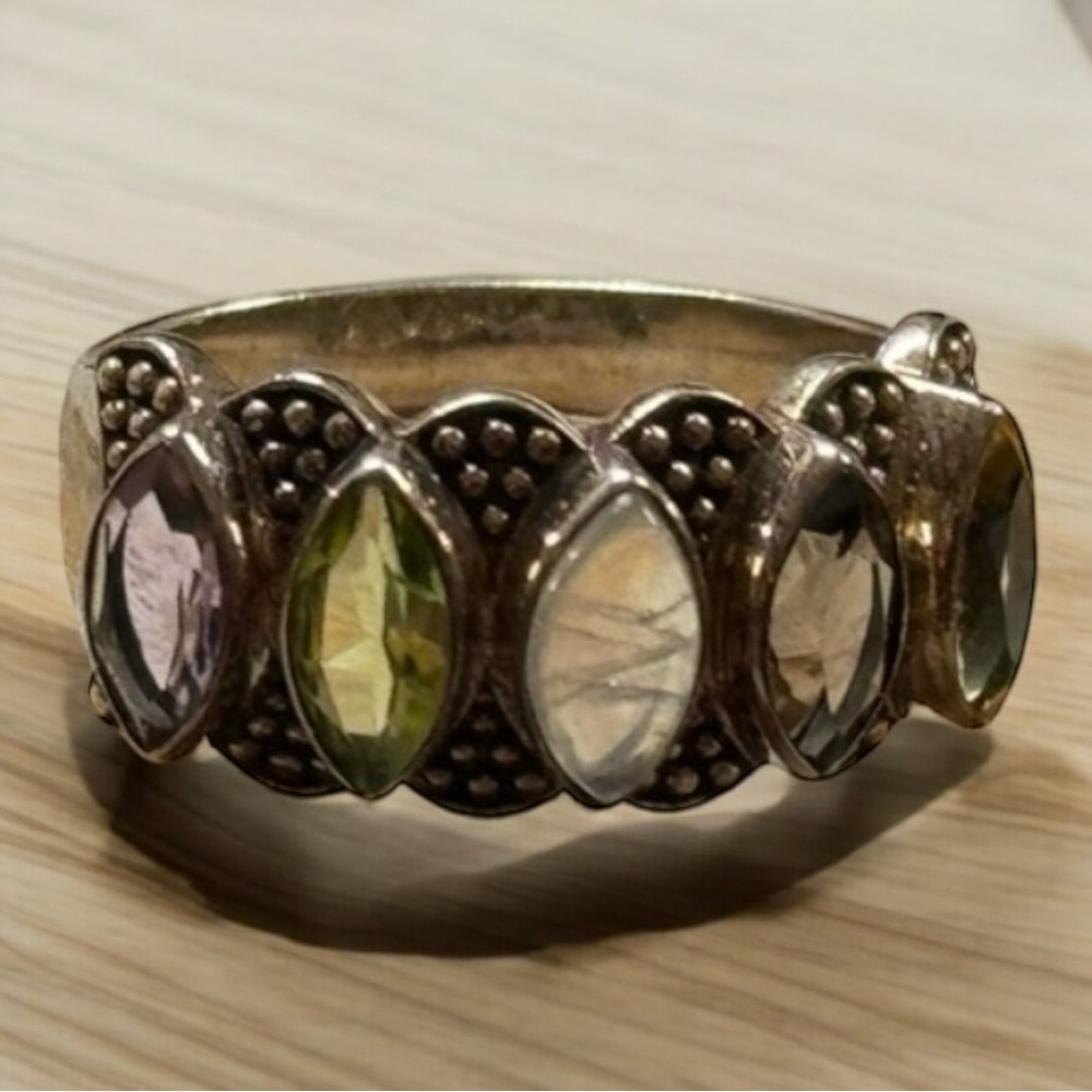 🟠5 Genuine Gemstone Vintage Sterling Silver Ring Made in India